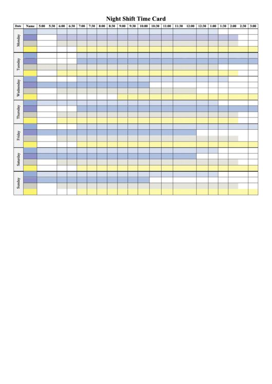Night Shift Time Card Template - Color Printable pdf