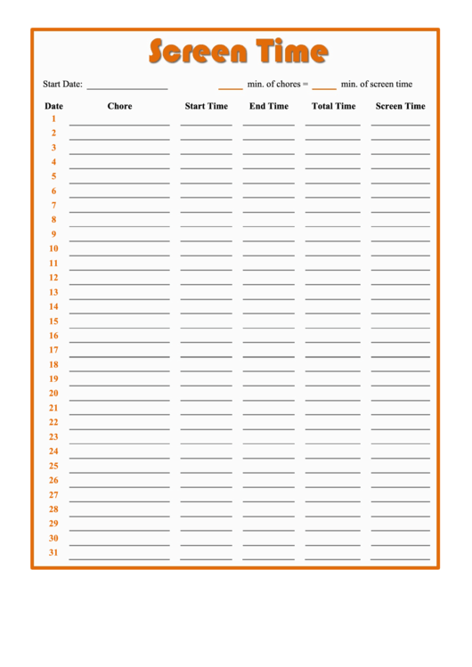 Monthly Screen Time And Chore Chart For Kids Printable pdf