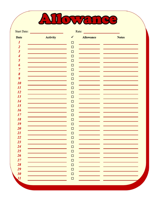 Monthly Allowance Time Card Printable pdf