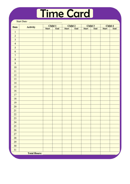 Purple Time Card Template Printable pdf