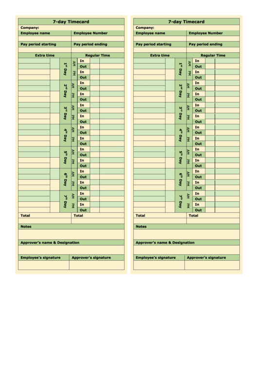 7 Day Time Card Template Two Per Page Green Printable Pdf Download
