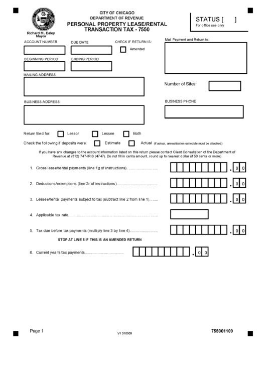 Personal Property Lease/rental Transaction Tax - 7550 Form - City Of Chicago Department Of Revenue Printable pdf