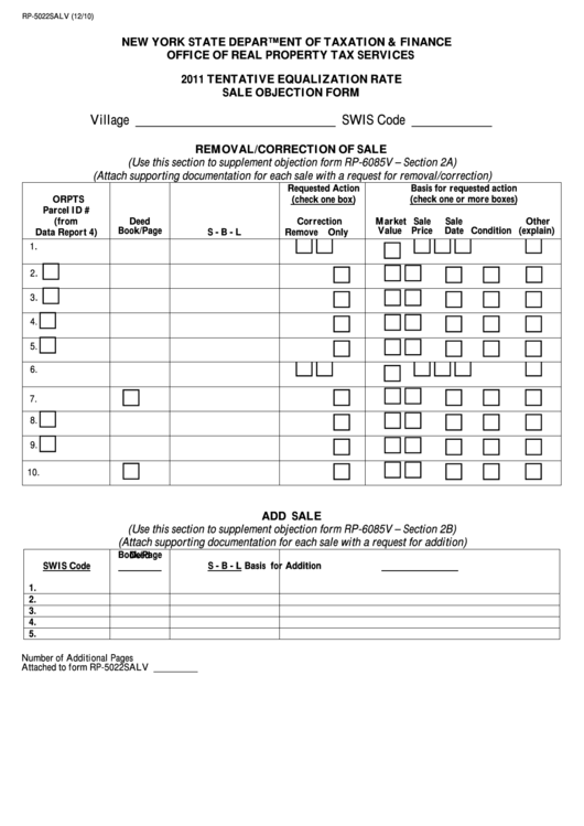 Form Rp-5022salv - 2011 Tentative Equalization Rate Sale Objection Form Printable pdf