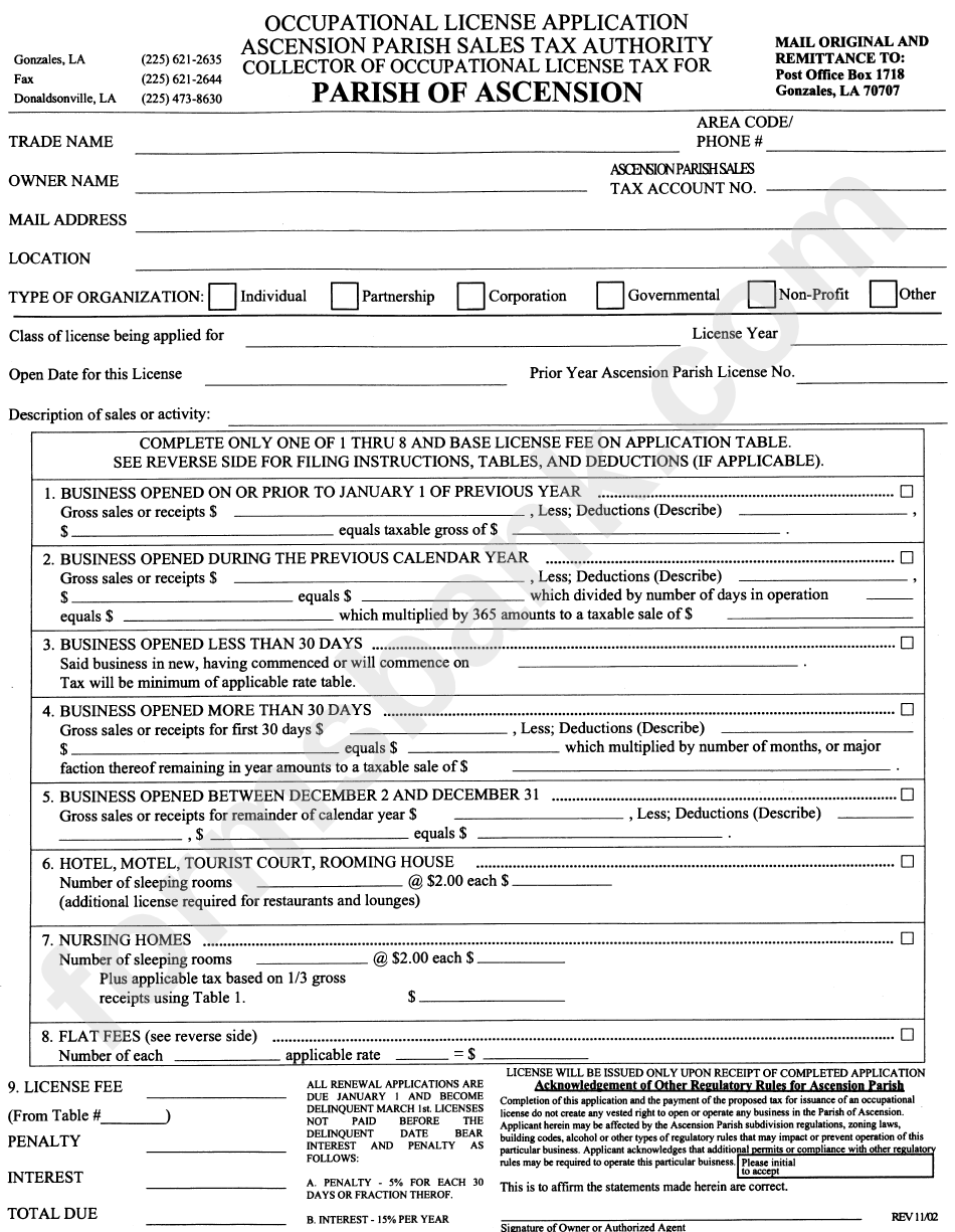 Occupational License Application Form - Parish Of Ascension