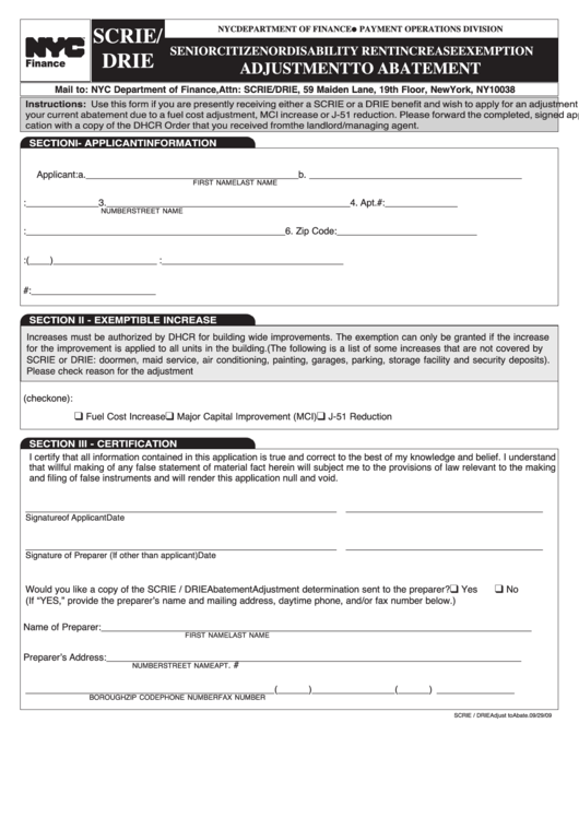 Form Scrie/drie - Senior Citizen Or Disability Rent Increase Exemption Adjustment To Abatement Printable pdf