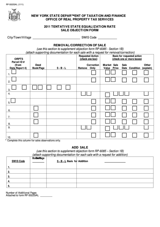 Form Rp-5022sal - 2011 Tentative State Equalization Rate Sale Objection Form Printable pdf