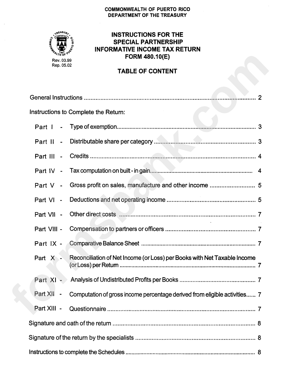 Instructions For The Special Partnership Informative Income Tax Return Form 480.10(E) - Commonwealth Of Puerto Rico Department Of The Treasury