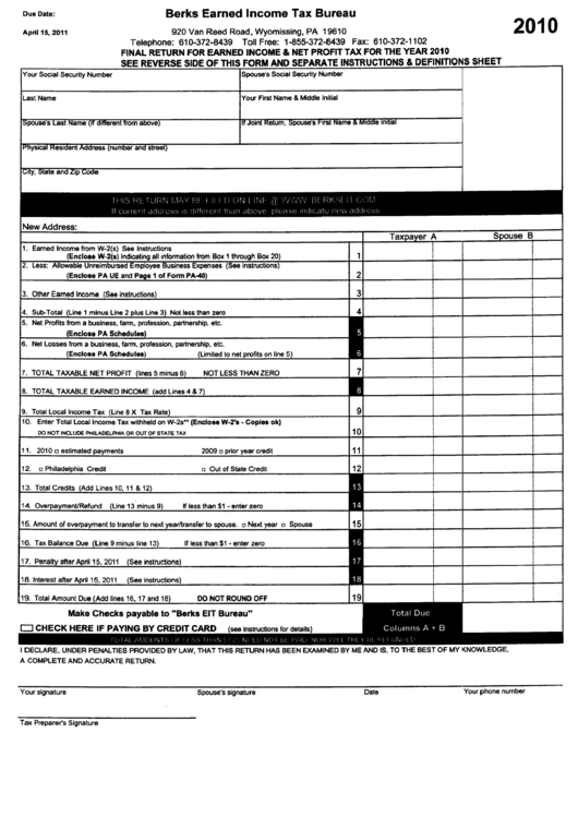Final Return For Earned Income & Net Profit Tax For The Year 2010 Printable pdf