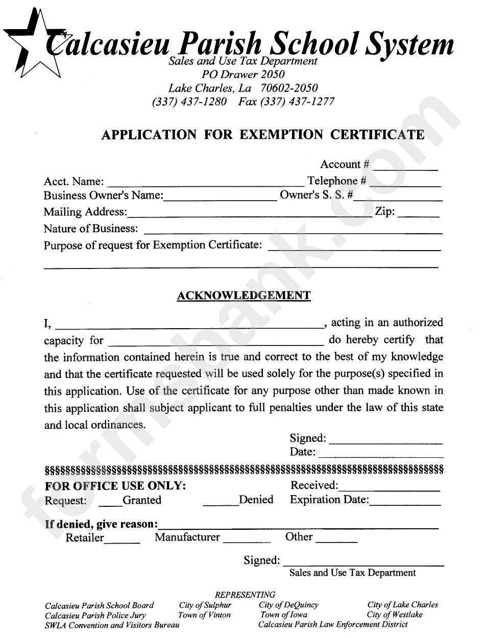Application For Exemption Certificate Form - Sales And Use Tax Department