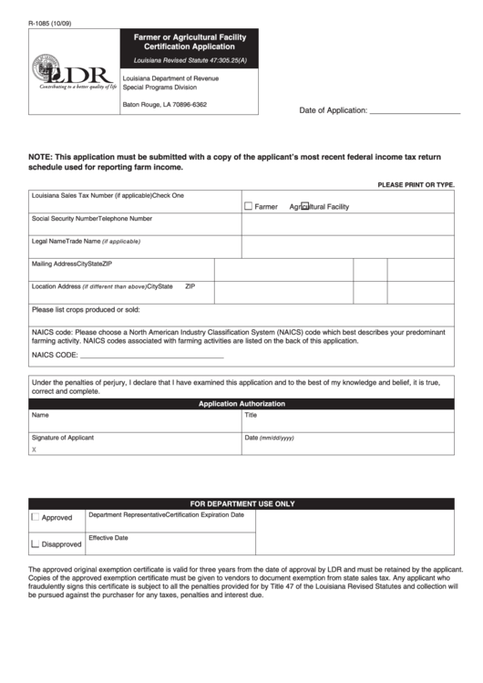 Fillable Form R-1085 - Farmer Or Agricultural Facility Certification Application - Louisiana Department Of Revenue Printable pdf