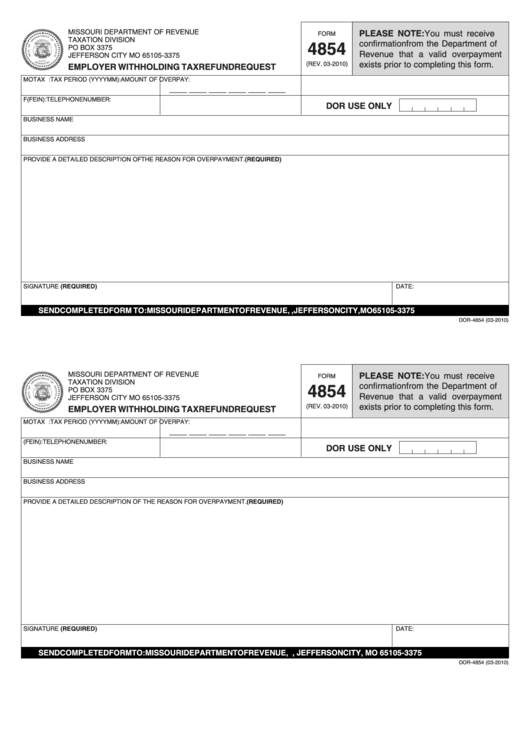 Fillable Form 4854 - Employer Withholding Tax Refund Request - Missouri Department Of Revenue Printable pdf