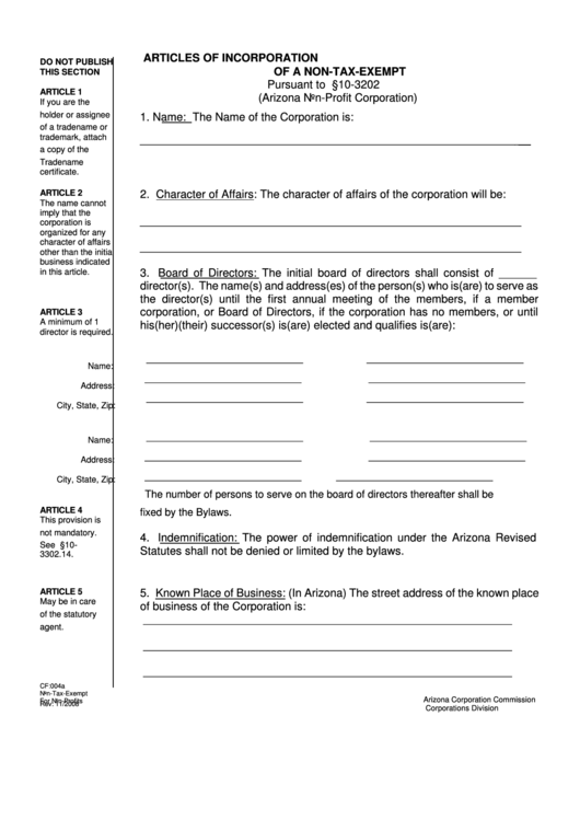 Form Cf:004a - Articles Of Incorporation Of A Non-Tax-Exempt Printable pdf