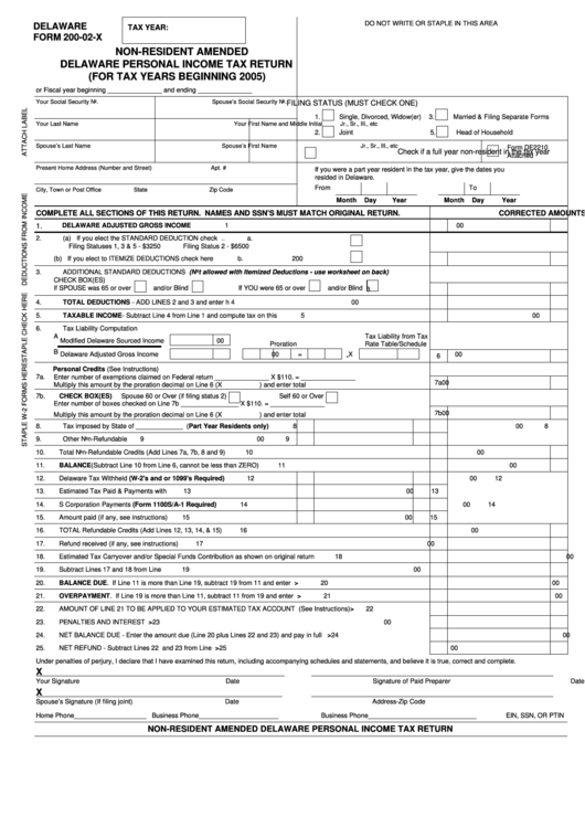 Form 200-02-X - Non-Resident Amended Delaware Personal Income Tax Return - 2005 Printable pdf