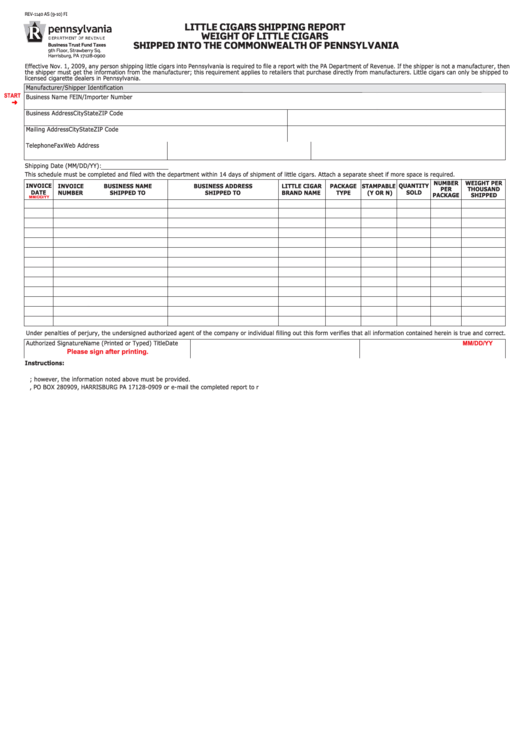 Fillable Form Rev-1140 As - Little Cigars Shipping Report - Weight Of Little Cigars Shipped Into The Commonwealth Of Pennsylvania Printable pdf