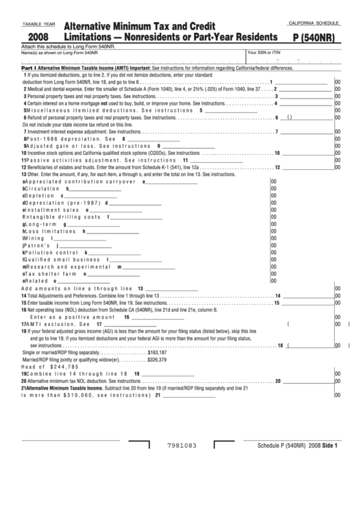 Fillable California Schedule P (540nr) - Alternative Minimum Tax And Credit Limitations - Nonresidents Or Part-Year Residents - 2008 Printable pdf