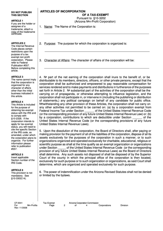 Form Cf:0041 - Articles Of Incorporation Of A Tax-exempt