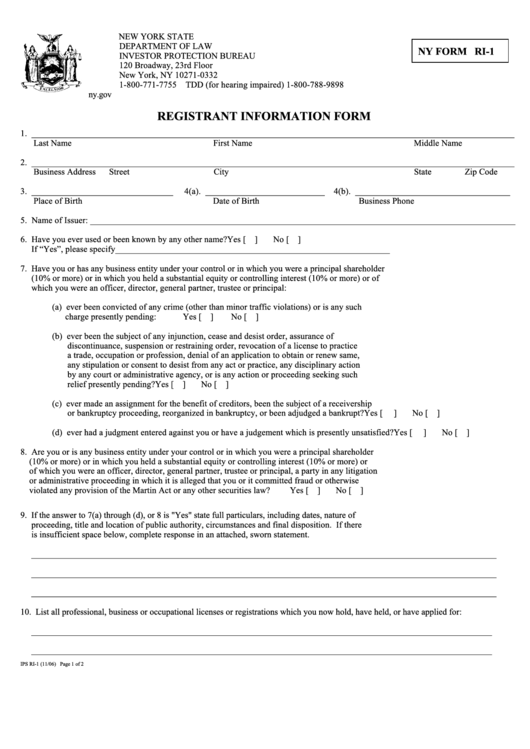Fillable Form Ri-1 - Registrant Information - Department Of Law Printable pdf