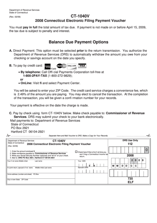 Form Ct-1040v - 2008 Connecticut Electronic Filing Payment Voucher Printable pdf