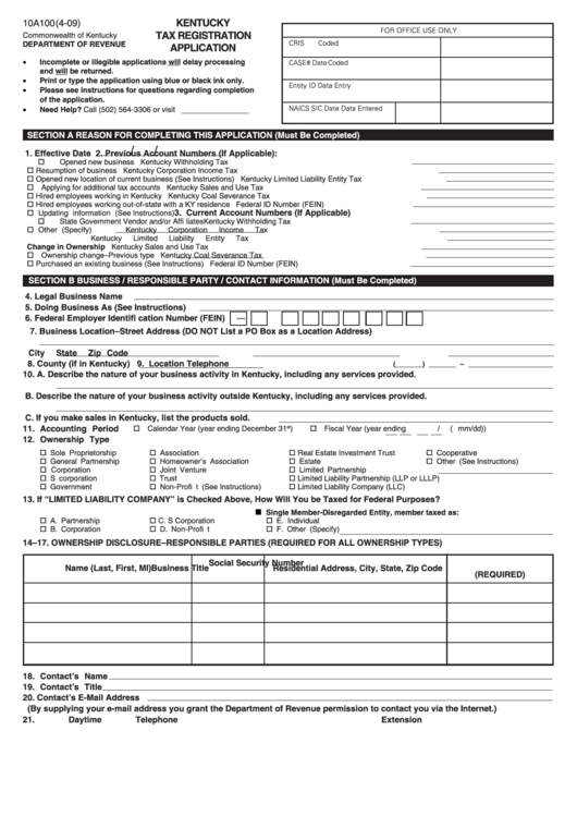 Fillable Form 10a100 - Kentucky Tax Registration Application Printable pdf