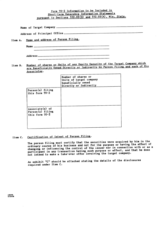 Form To-2 - Information To Be Included In Short-Term Ownership Information Statements Pursuant To Sections 55.03(3) And 552.03(4), Wis. Stats. - 1996 Printable pdf