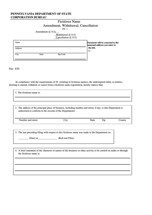 Form Dscb:54-312/313-2 - Fictitious Name Amendment, Withdrawal, Cancellation Printable pdf
