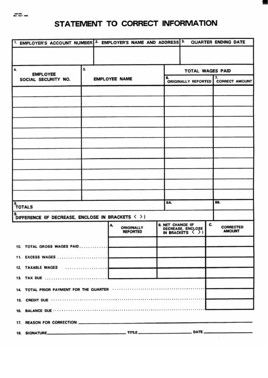 Form Uce-120-C - Statement To Correct Information - 1994 Printable pdf