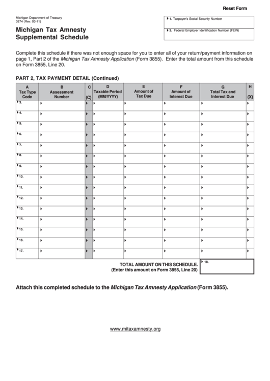 Fillable Form 3874 - Michigan Tax Amnesty Supplemental Schedule - 2011 Printable pdf