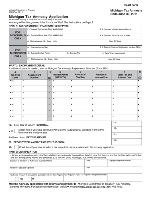Fillable Form 3855 - Michigan Tax Amnesty Application - 2011 Printable pdf