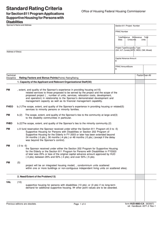 Fillable Form Hud-9883-Ca - Standard Rating Criteria For Section 811 Program Applications Supportive Housing For Persons With Disabilities Printable pdf