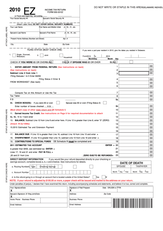 Fillable Form 200-03 Ez - Delaware Individual Resident Income Tax Return - 2010 Printable pdf