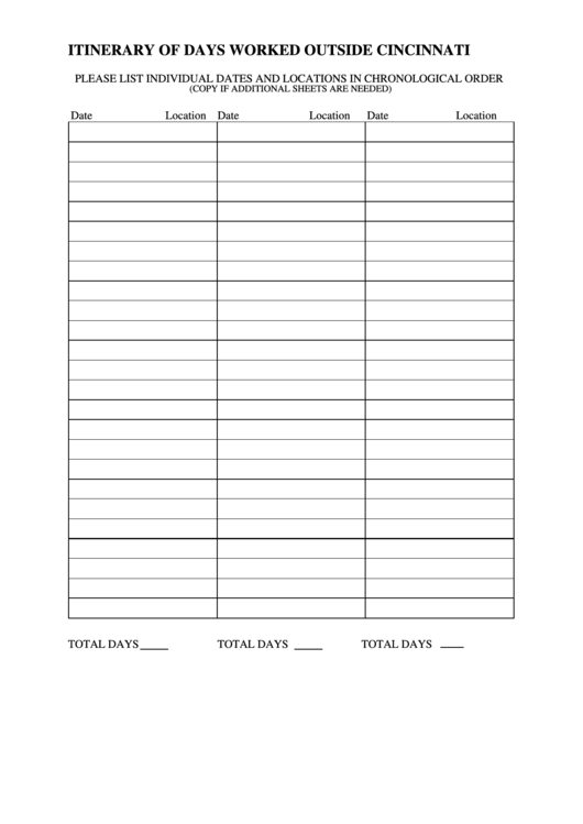 Fillable Itinerary Of Days Worked Outside Cincinnati Printable pdf