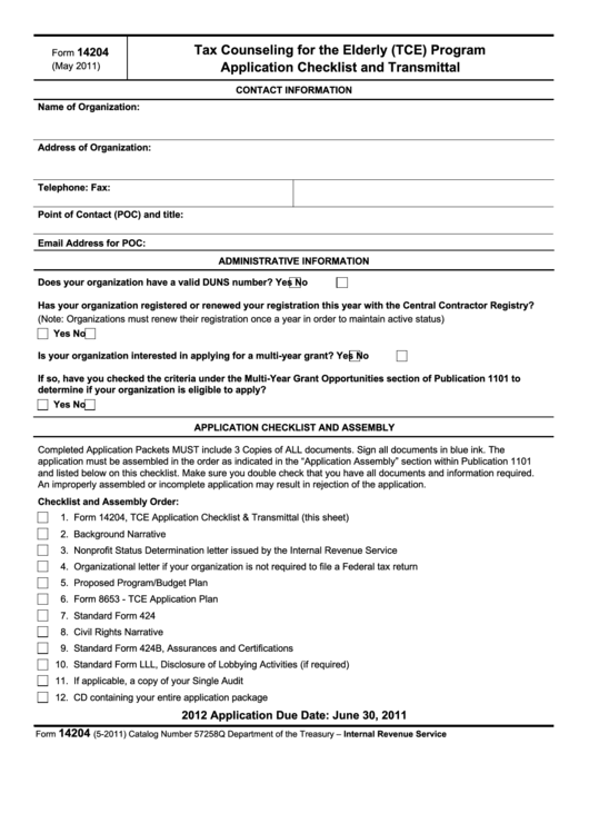 Fillable Form 14204 - Tax Counseling For The Elderly (Tce) Program Application Checklist And Transmittal - 2011 Printable pdf