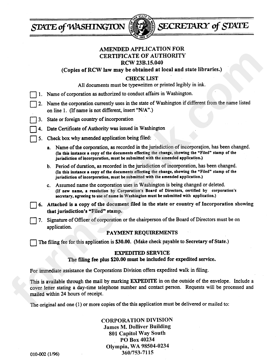 Amended Application For Certificate Of Authority Rcw 23b.15.040