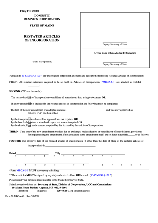 Fillable Form Mbca-6a - Restated Articles Of Incorporation, Filer Contact Cover Letter Printable pdf