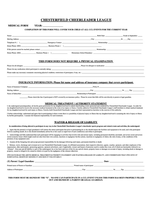 Fillable Chesterfield Cheerleader League - Medical Form Printable pdf