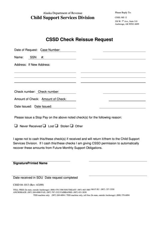 Form Cssd 04-1013 - Cssd Check Reissue Request, Form Cssd 04-0008 - Authorization Form For Visa Debit Card Or Direct Deposit To Bank Account Etc. Printable pdf