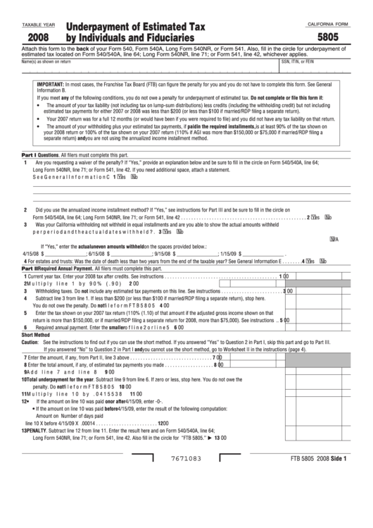 Fillable Californiaform 5805 - Underpayment Of Estimated Tax By Individuals And Fiduciaries - 2008 Printable pdf