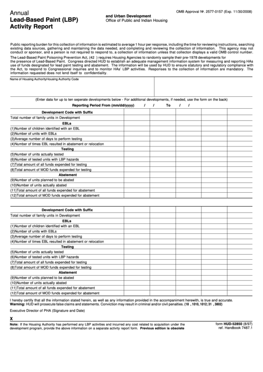 Fillable Form Hud-52850 - Annual Lead-Based Paint (Lbp) Activity Report Printable pdf