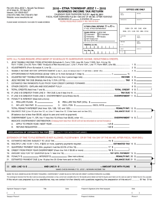 Business Income Tax Return Form - Newark Tax Division 2010 Printable pdf