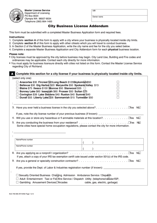 Form Bls 700-060 - City Business License Addendum - Washington Department Of Licensing Printable pdf