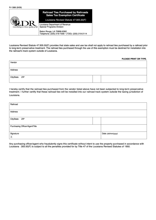 Fillable Form R-1388 - Railroad Ties Purchased By Railroads Sales Tax Exemption Certificate - Louisiana Department Of Revenue Printable pdf