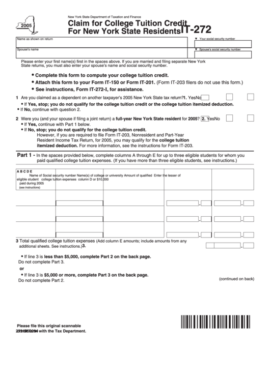 Fillable Form It-272 - Claim For College Tuition Credit For New York State Residents - New York State Department Of Taxation And Finance Printable pdf