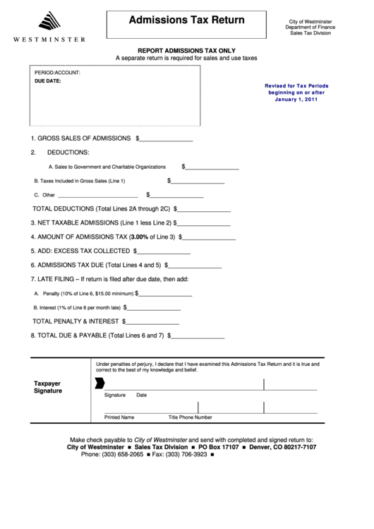Fillable Admissions Tax Return Form - City Of Westminster Department Of Finance Printable pdf