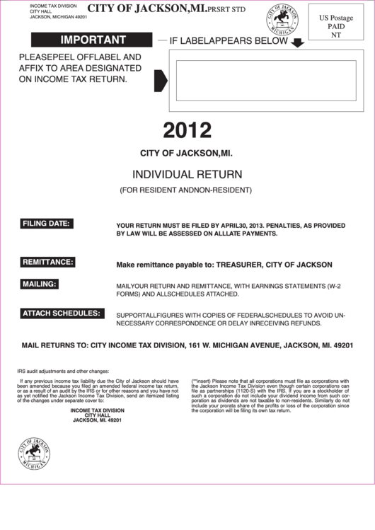 Individual Return (For Resident And Non-Resident) - City Of Jackson - 2012 Printable pdf