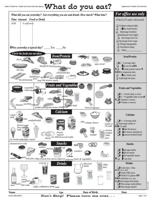 Form Dhcs - 4466 - What Do You Eat - Sheet Printable pdf
