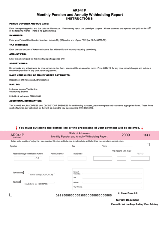 Fillable Form Ar941p - Monthly Pension And Annuity Withholding Report - 2009 Printable pdf