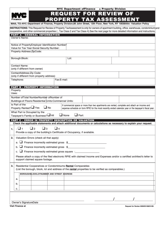 Request For Review Of Property Tax Assessment Form - Nyc Department Of Finance Printable pdf