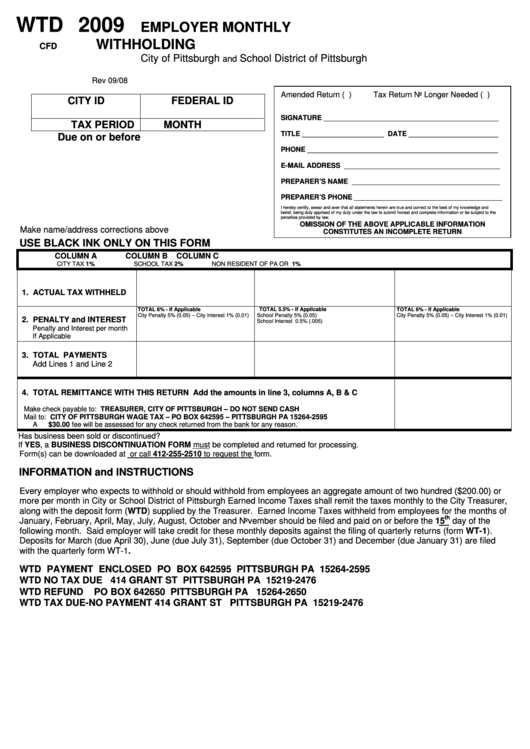 Form Wtd - Employer Monthly Withholding - City Of Pittsburgh - 2009 Printable pdf