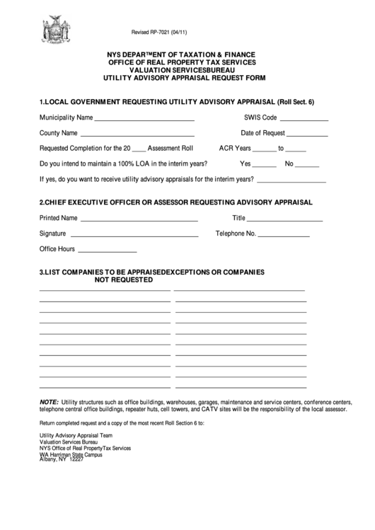Fillable Form Rp-7021 - Utility Advisory Appraisal Request Form Printable pdf