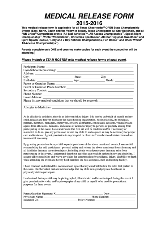 Medical Release Form - 2015-2016 Printable pdf